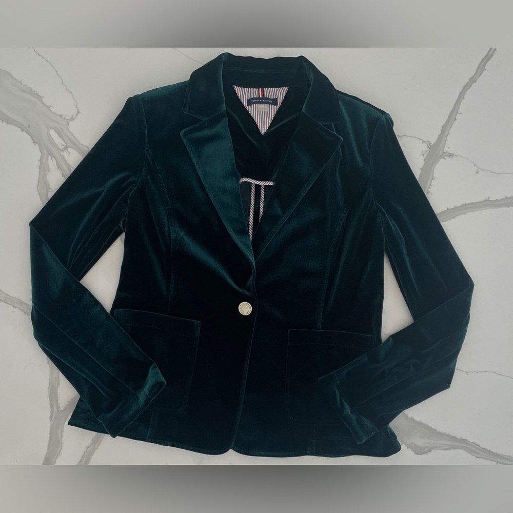 Tommy Hilfiger Emerald Green One Button Blazer with Shoulder Pads & Pockets sz 6 - Picture 2 of 7